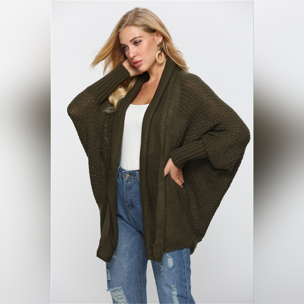 Oversized Knit Cardigan Batwing Sleeve Lightweight Baggy Open Front Sweater Top